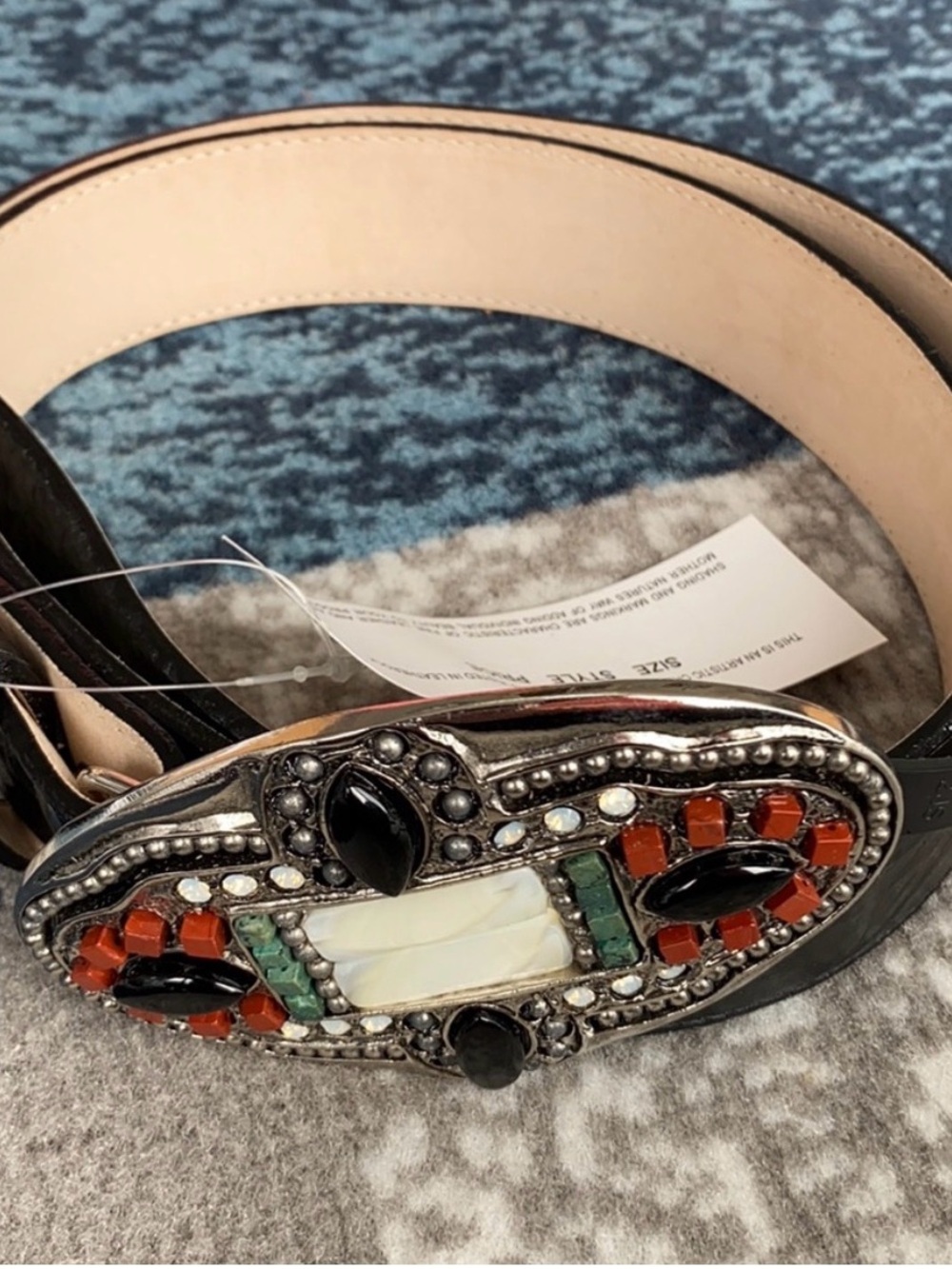 Embellished Black Leather Belt with Multicolor Stone Buckle